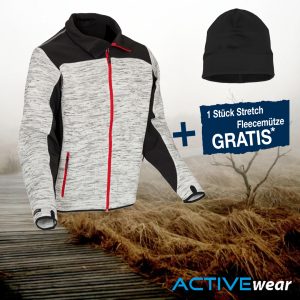 Strick-Softshell Jacke natur melange/schwarz + Stretch-Fleecemütze schwarz